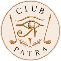 A circular gold and black emblem featuring the words 'CLUB' at the top and 'PATRA' at the bottom, with a stylized eye motif, golf clubs, a golf ball, a tee, and a laurel branch on a light cream background.