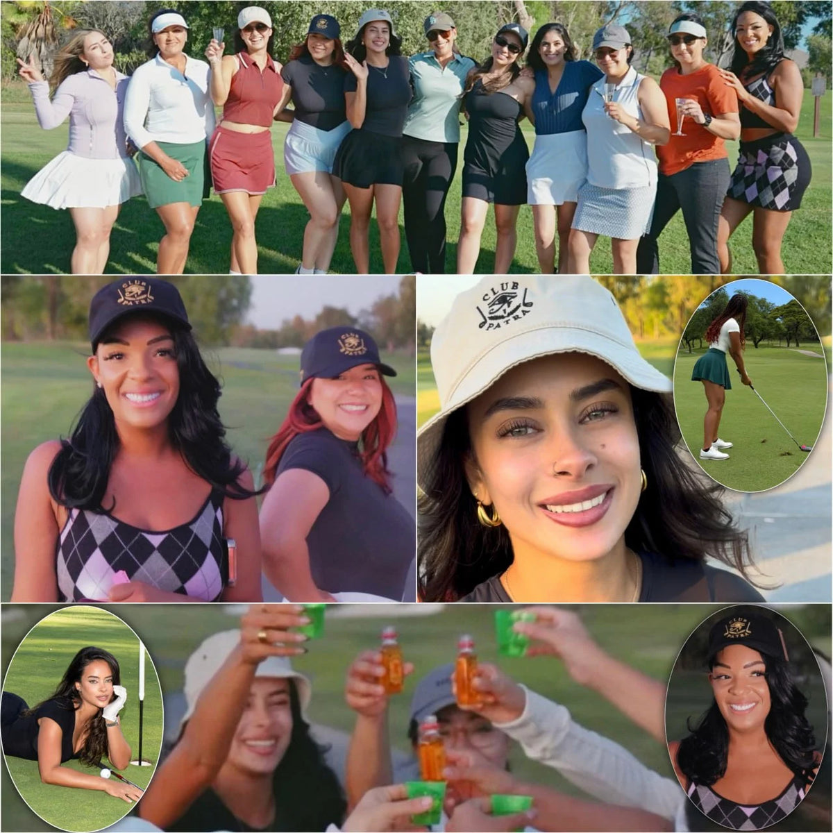 A collage of multiple photos featuring women on a golf course, wearing athletic outfits and caps, posing together, drinking orange soda, and smiling. Several inset close-ups and action shots are included.